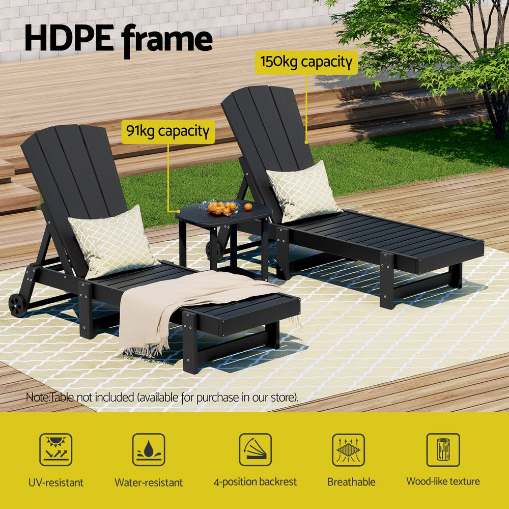 Gardeon Outdoor Furniture Set Black HDPE Sun Loungers & Table