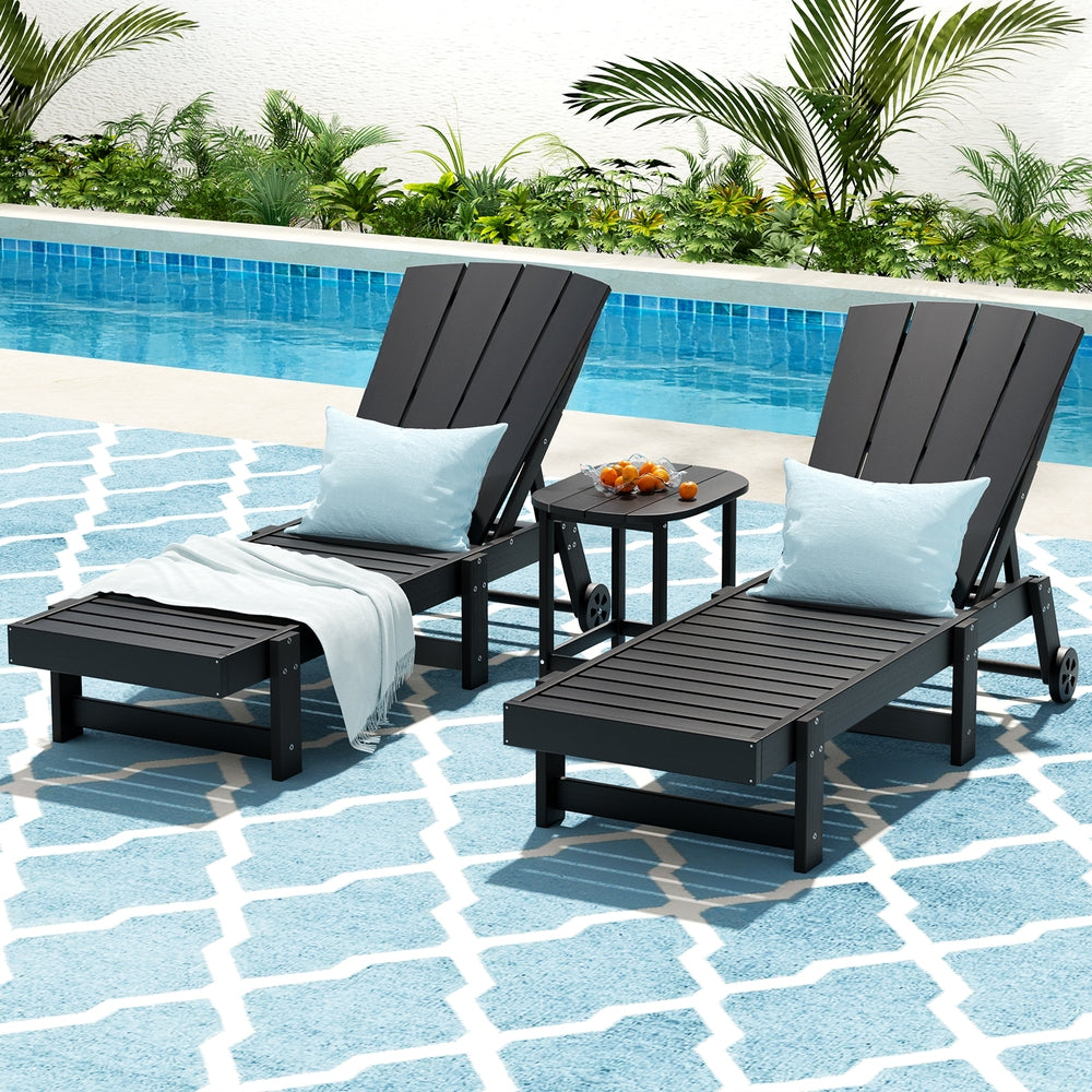Gardeon Outdoor Furniture Set Black HDPE Sun Loungers & Table