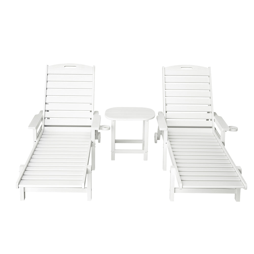 Gardeon 3-Piece Sun Lounger Set with Side Table HDPE White