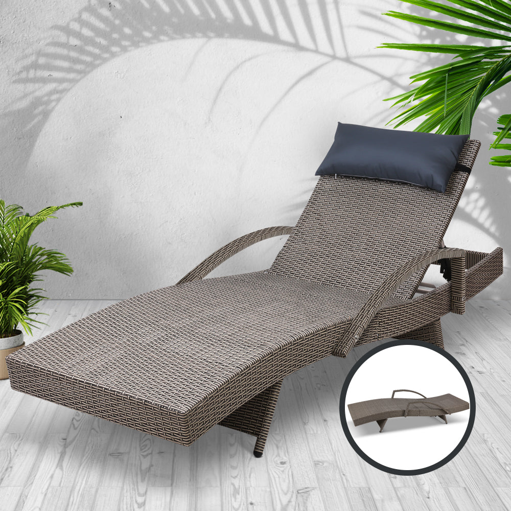Gardeon Adjustable Wicker Sun Lounge Outdoor Armchair Grey & Beige