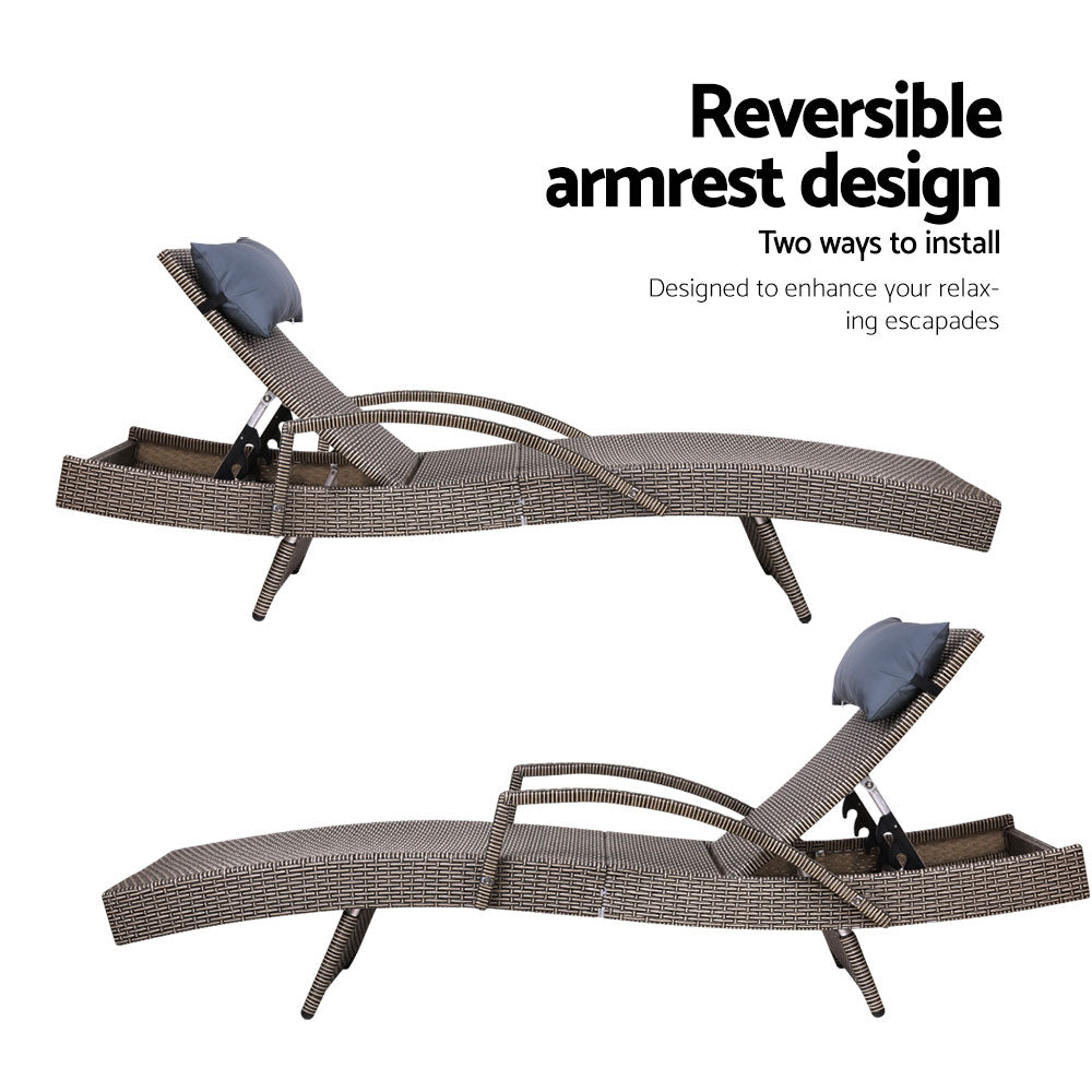Gardeon Outdoor Wicker Sun Lounge Set Adjustable Grey & Beige