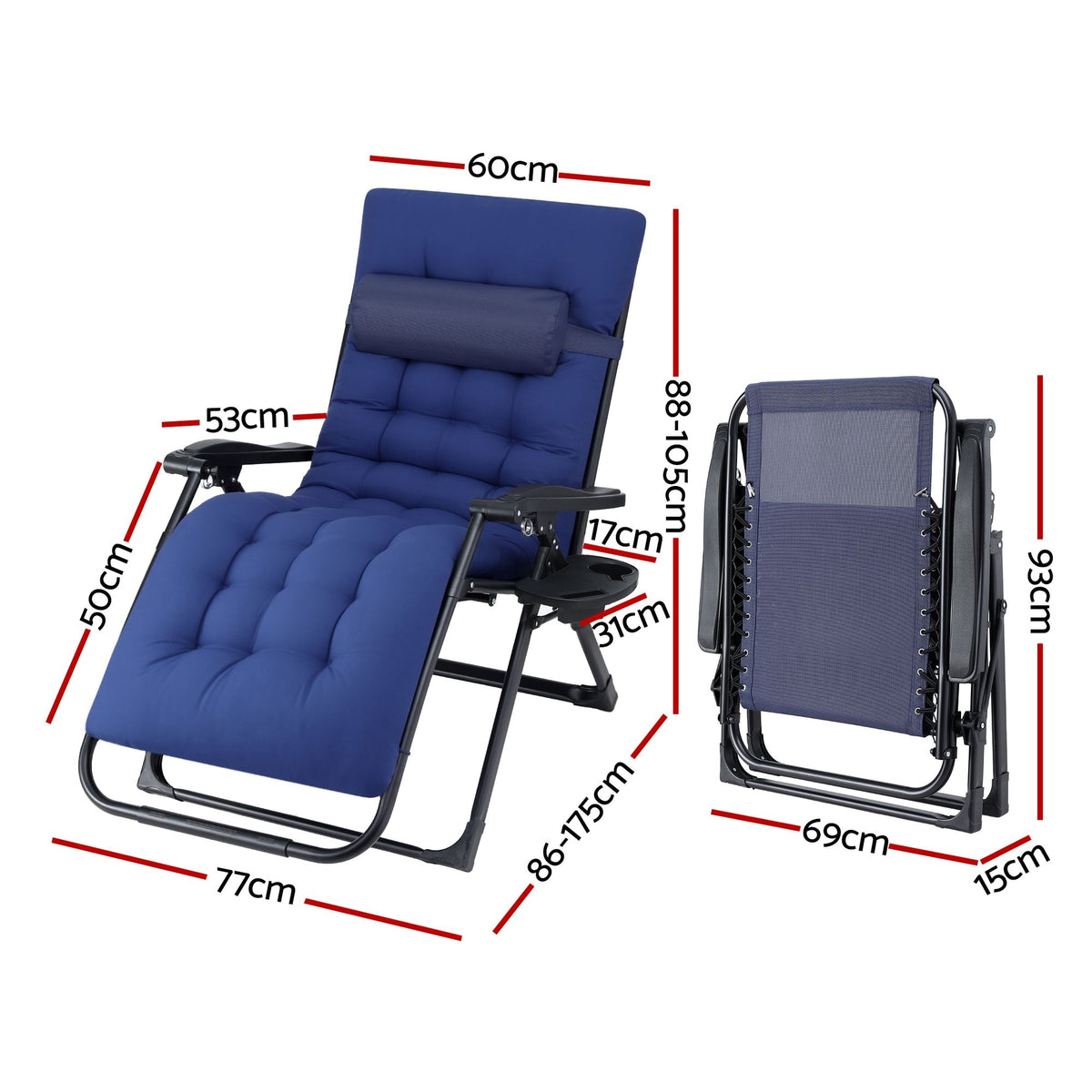 Gardeon Folding Sun Lounger Zero Gravity Chair XL Blue
