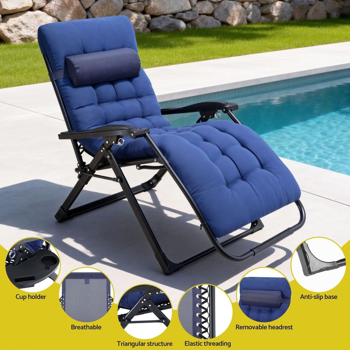 Gardeon Folding Sun Lounger Zero Gravity Chair XL Blue