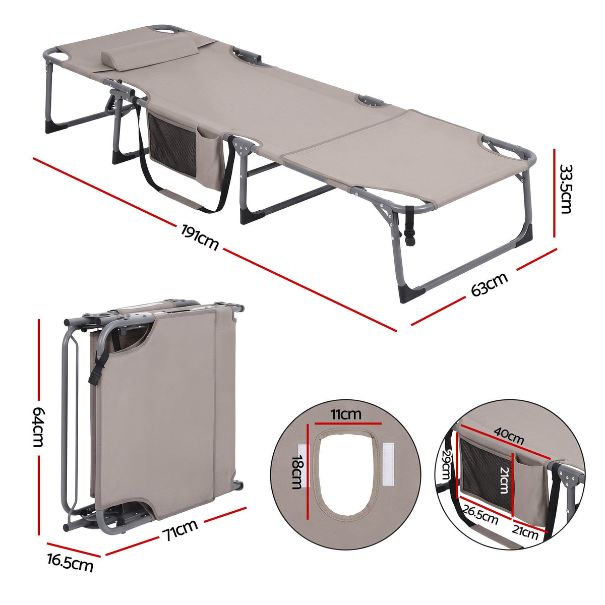 Gardeon Sun Lounger 5 Position Folding Tanning Chair with Face Hole Khaki