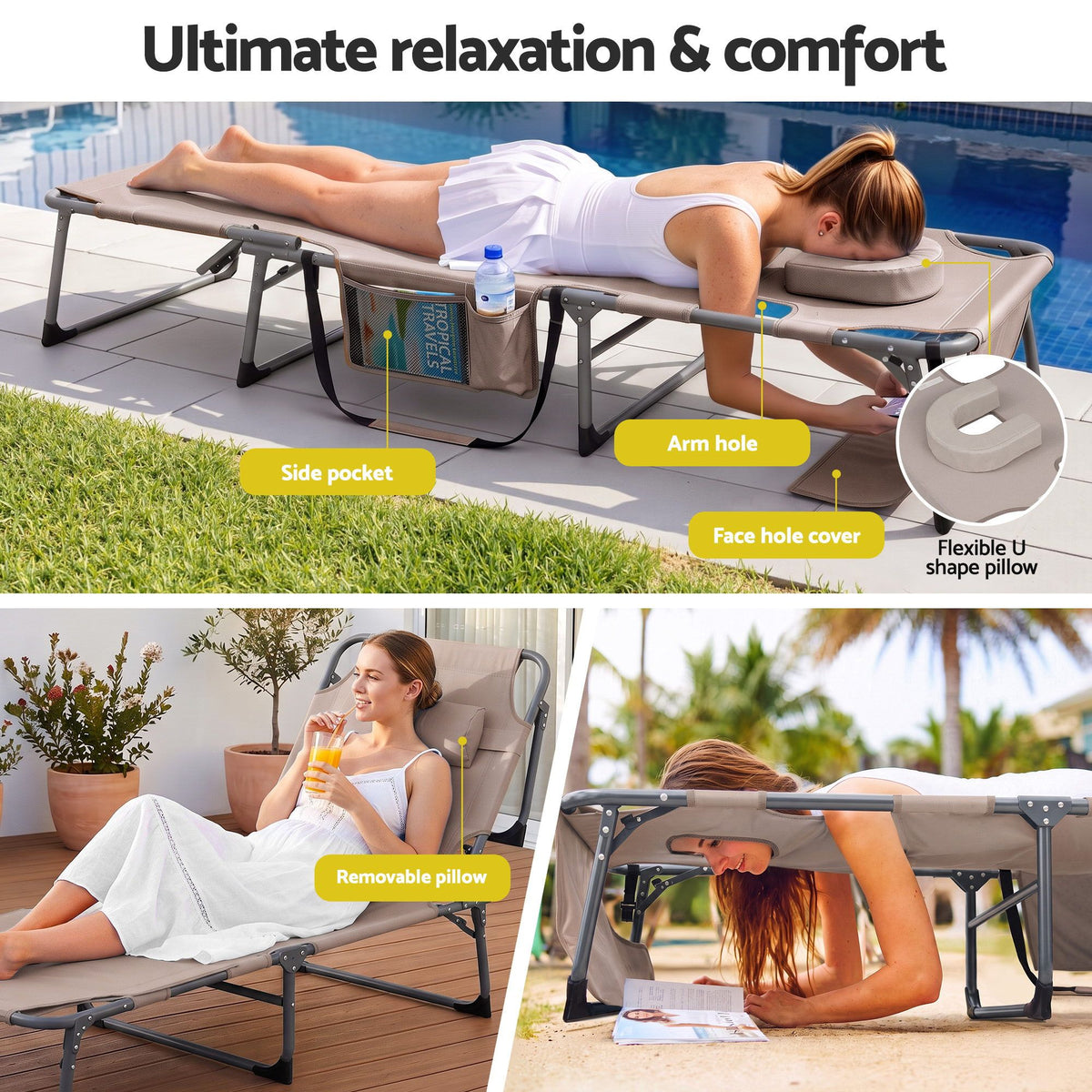 Gardeon Sun Lounger 5 Position Folding Tanning Chair with Face Hole Khaki