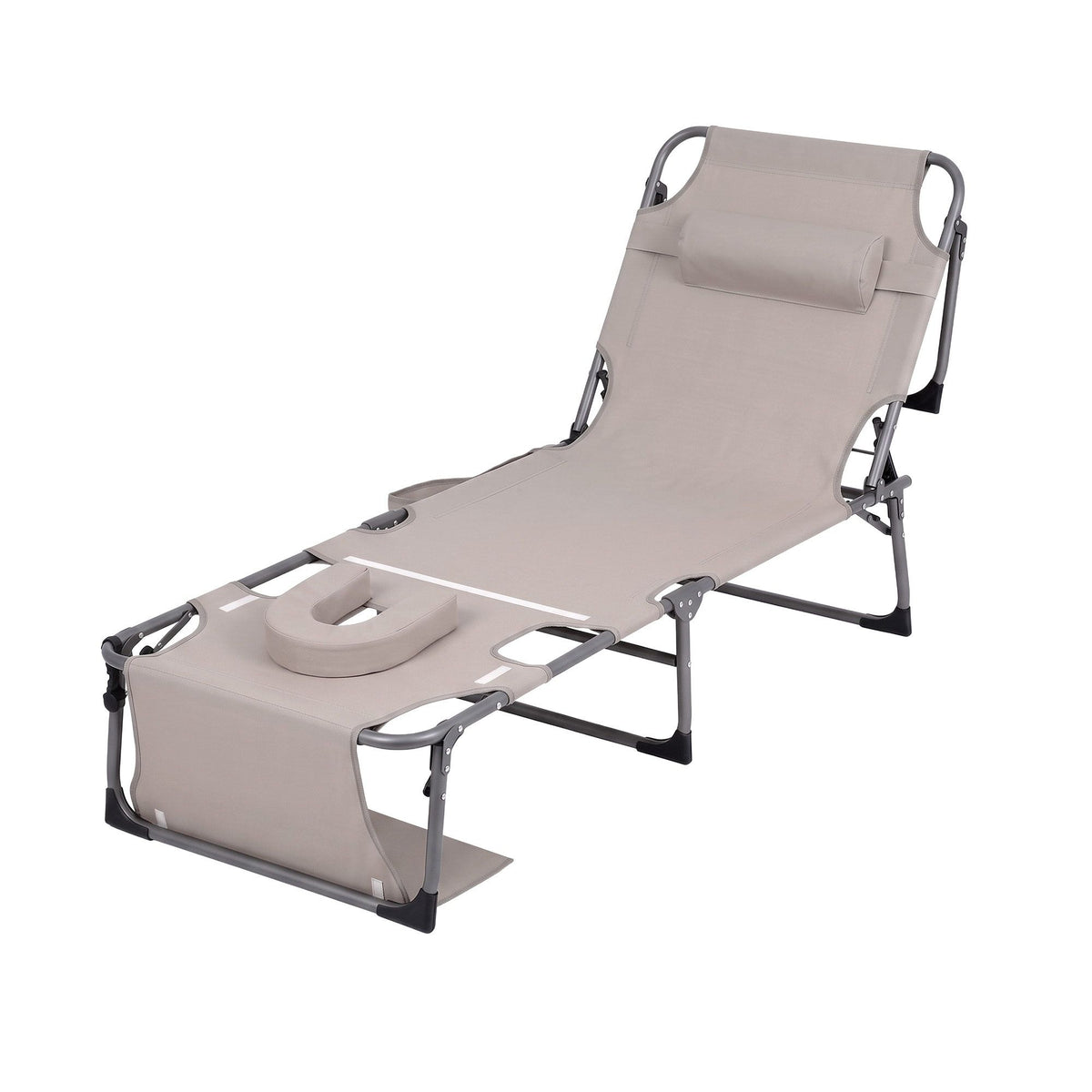 Gardeon Sun Lounger 5 Position Folding Tanning Chair with Face Hole Khaki
