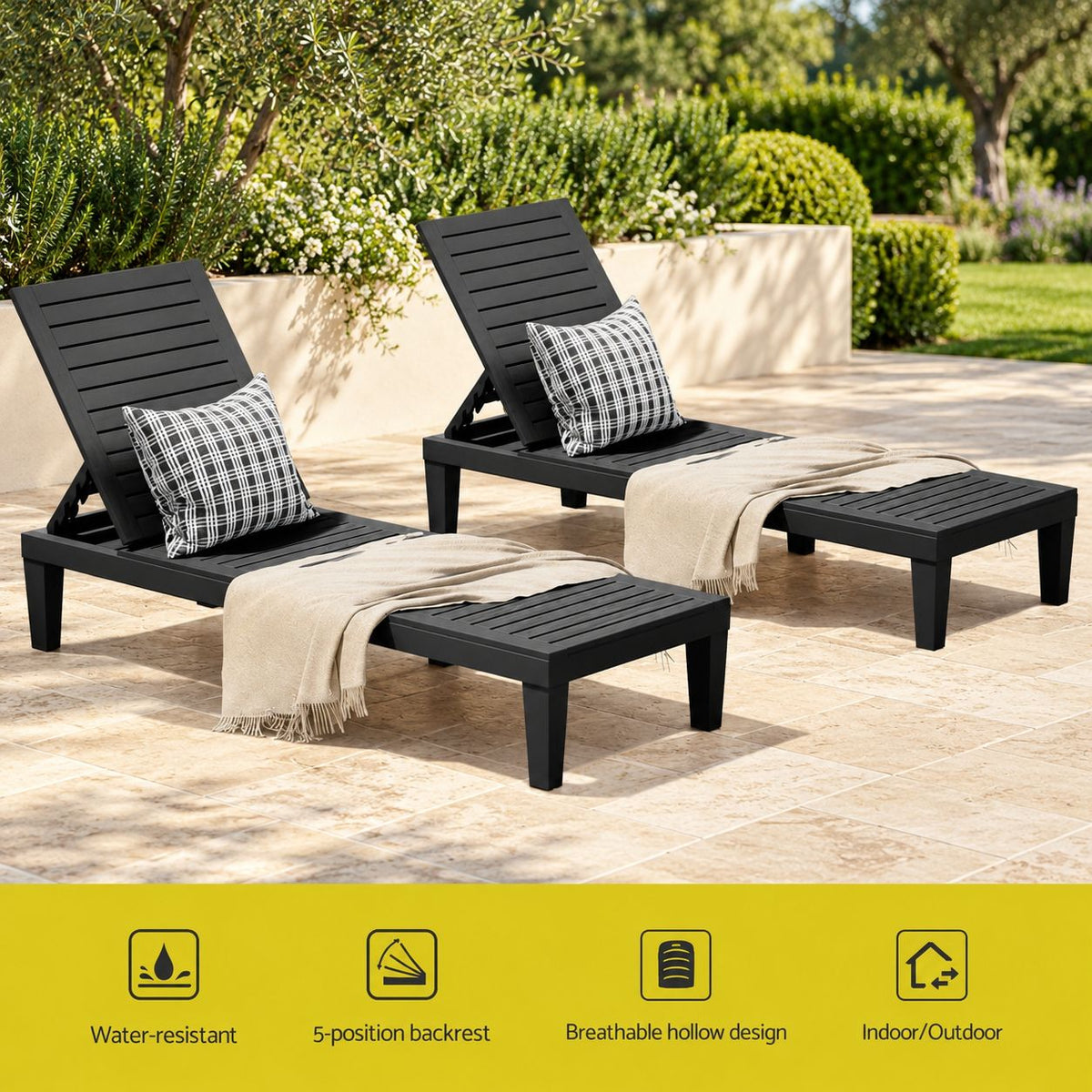 Gardeon 2x Adjustable Sun Lounger Outdoor Recliner Black