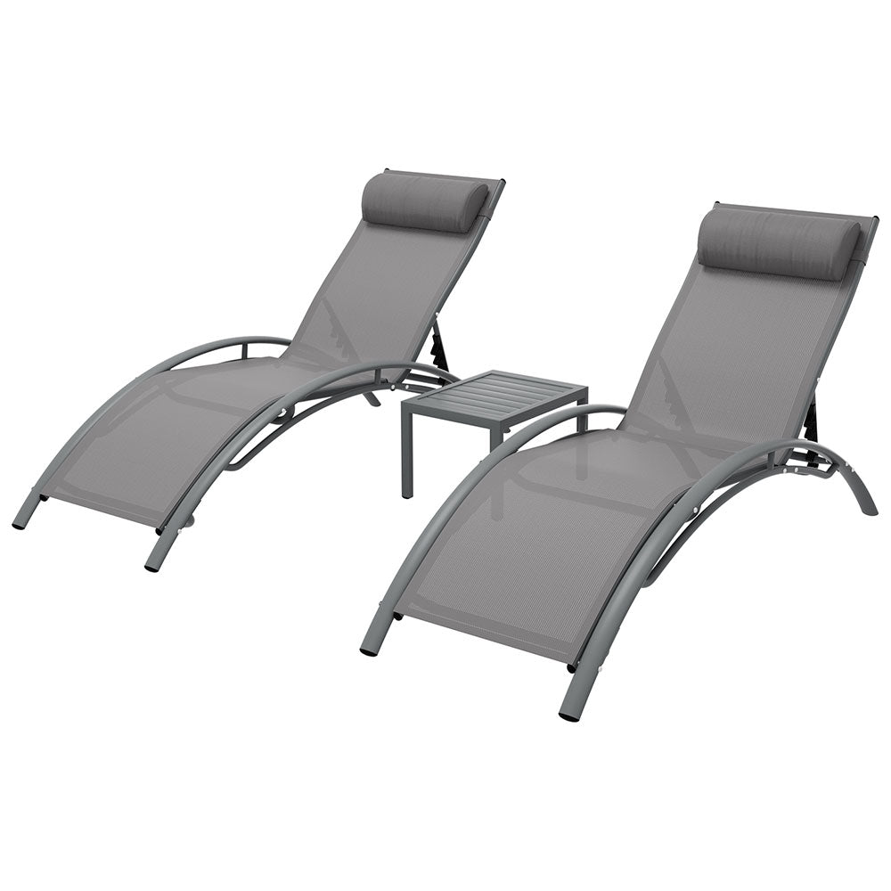 Gardeon 3PC Sun Lounge Outdoor Lounger Steel Table Chairs Patio Furniture Grey