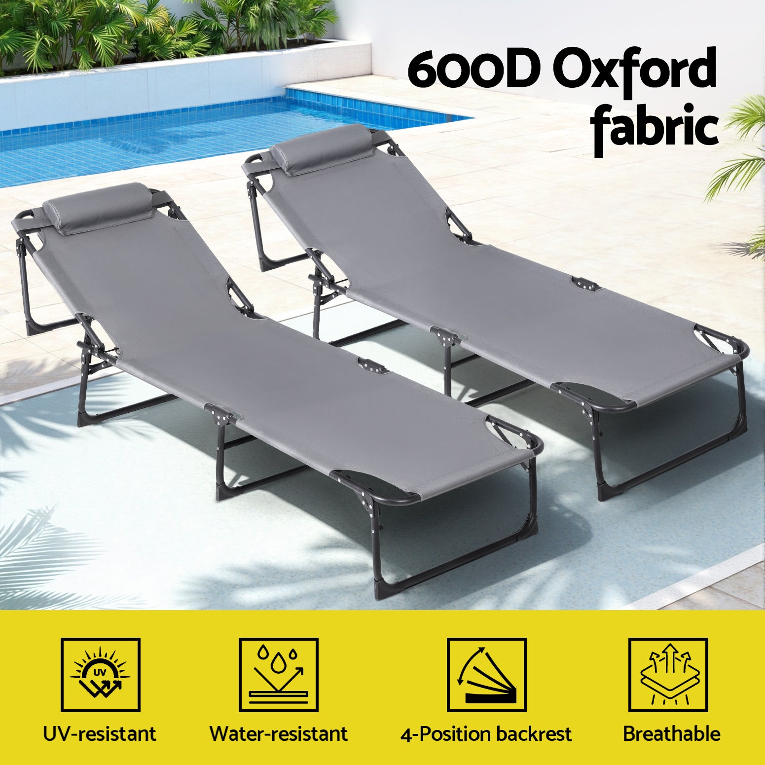 Gardeon Folding Sun Lounger Outdoor Beach Chair Grey