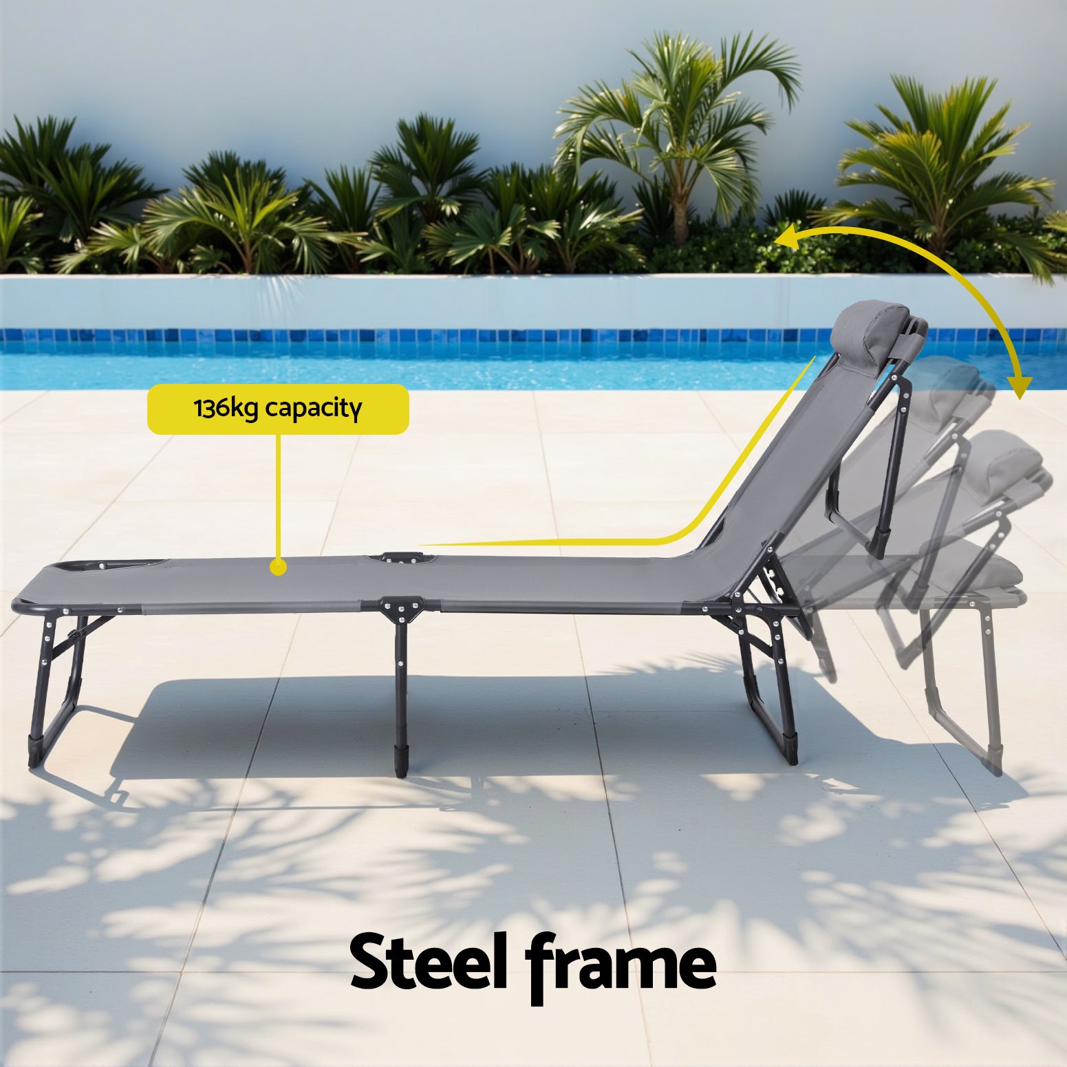 Gardeon Folding Sun Lounger Outdoor Beach Chair Grey
