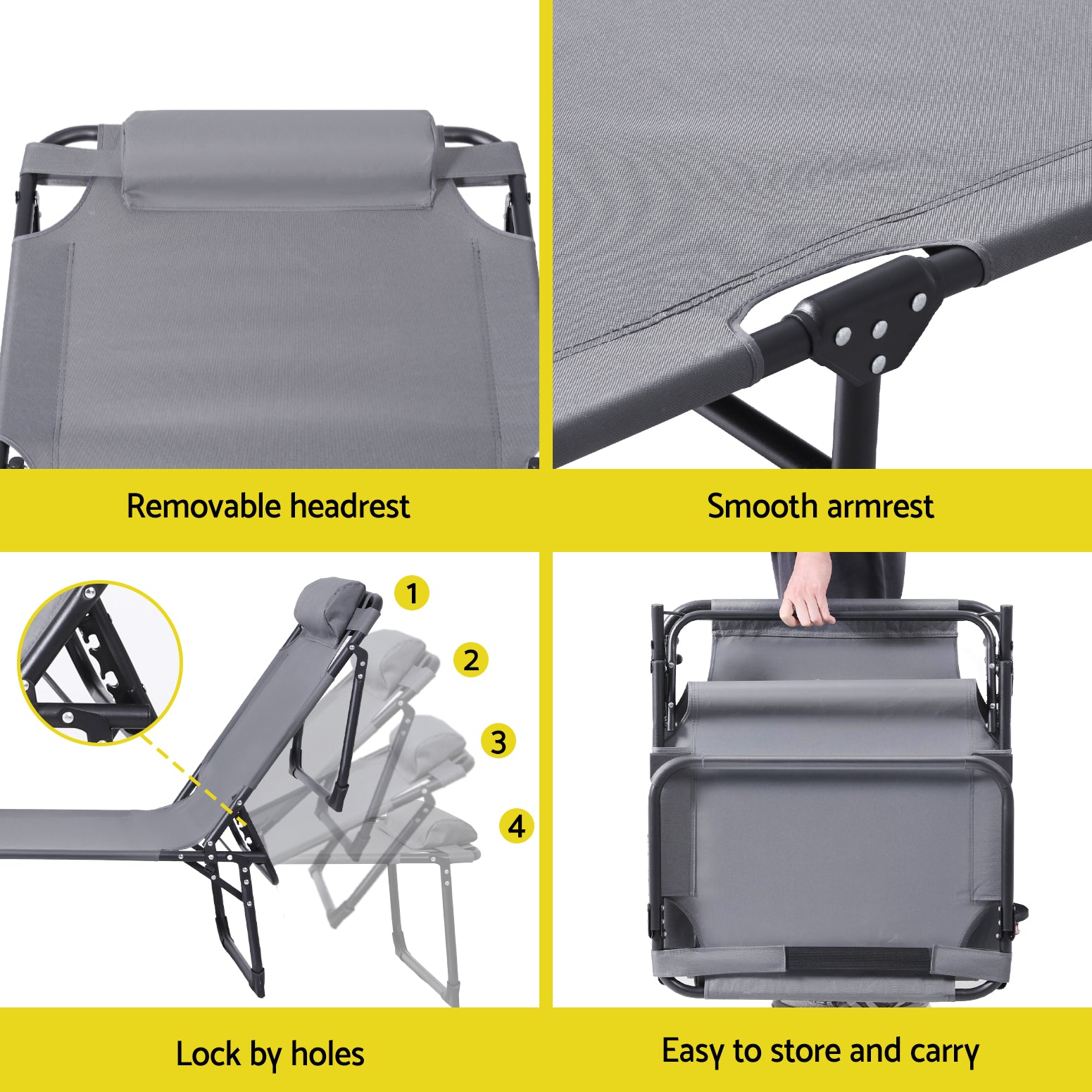 Gardeon Folding Sun Lounger Outdoor Beach Chair Grey
