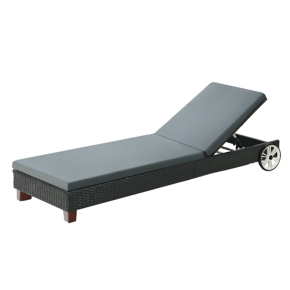 Gardeon Outdoor Wicker Sun Lounger Day Bed Black Wheels