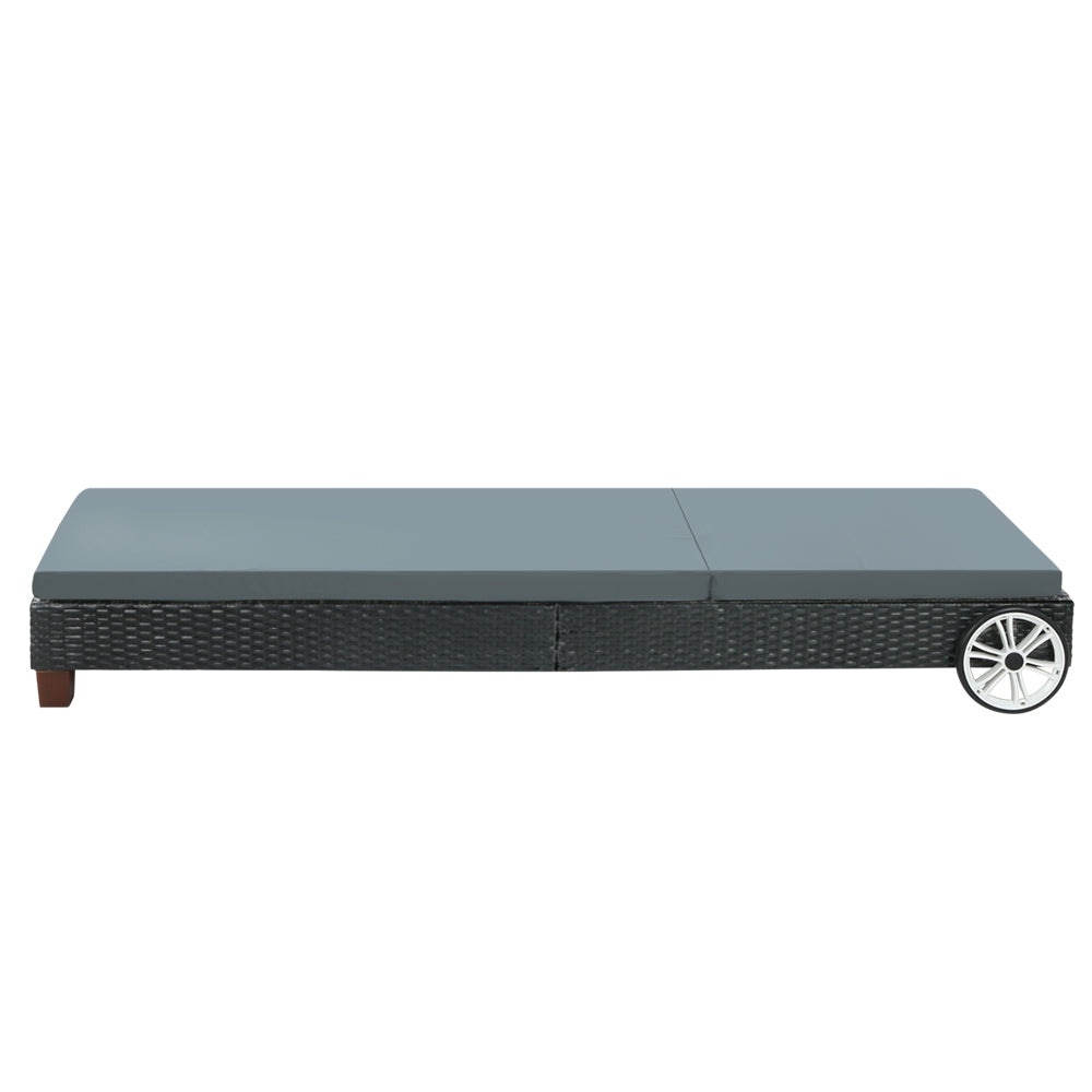 Gardeon Outdoor Wicker Sun Lounger Day Bed Black Wheels