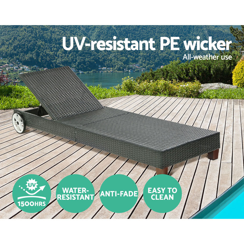 Gardeon Outdoor Wicker Sun Lounger Day Bed Black Wheels
