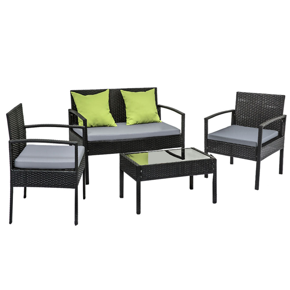 4 Seater Wicker Patio Sofa Set, Cushions, Glass Table - Gardeon