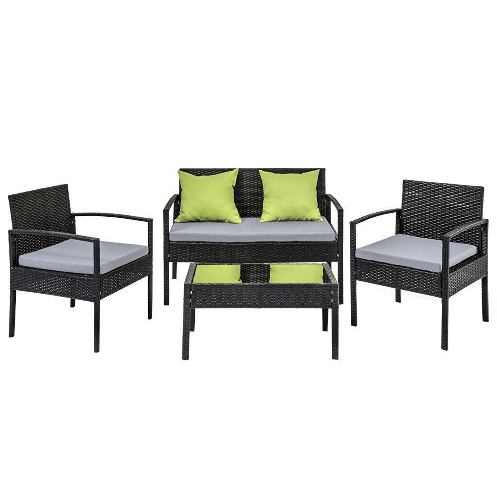 4 Seater Wicker Patio Sofa Set, Cushions, Glass Table - Gardeon