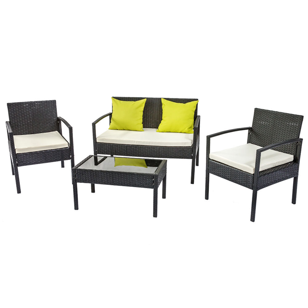 4 Seater Wicker Patio Sofa Set, Cushions, Glass Table - Gardeon