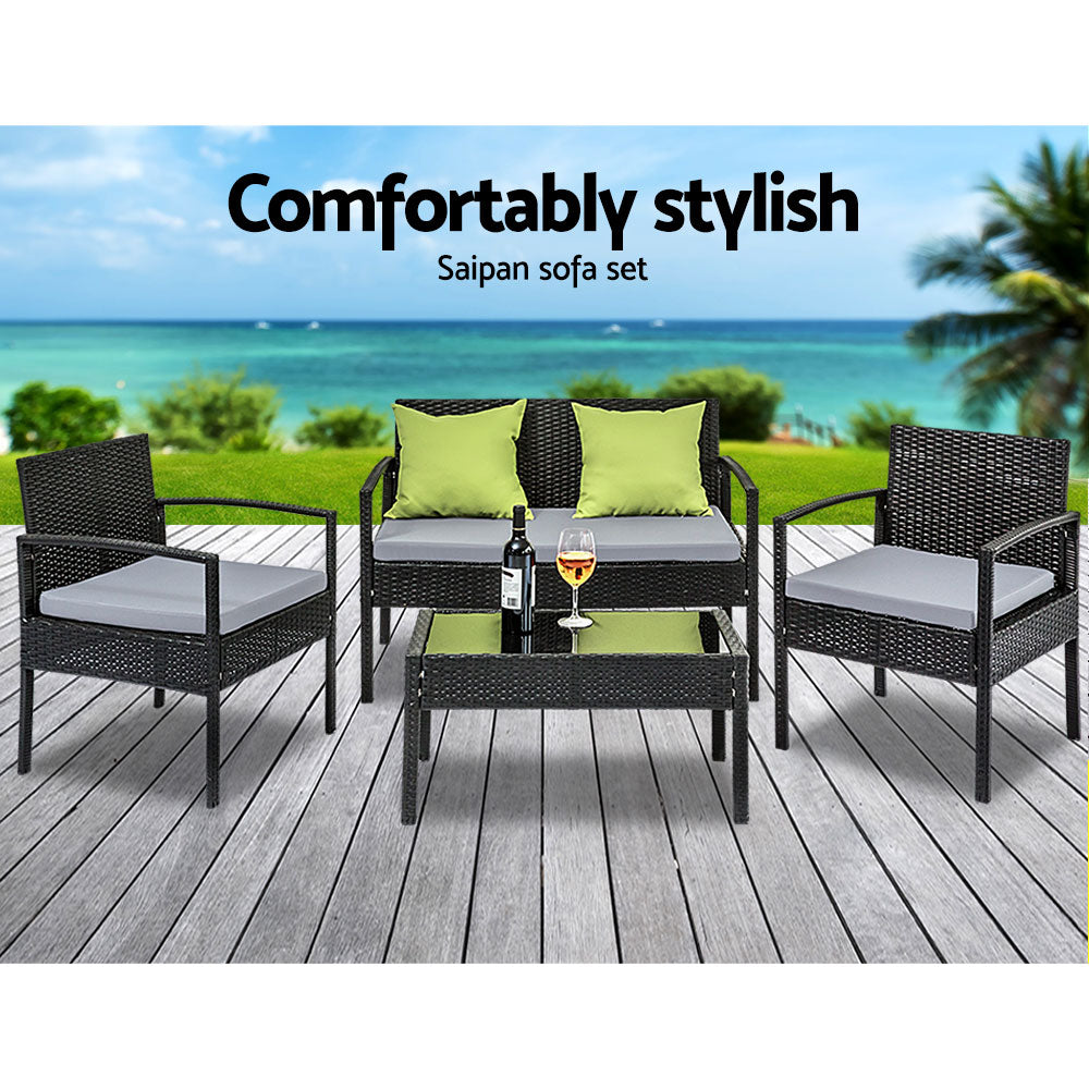 4 Seater Wicker Patio Sofa Set, Cushions, Glass Table - Gardeon