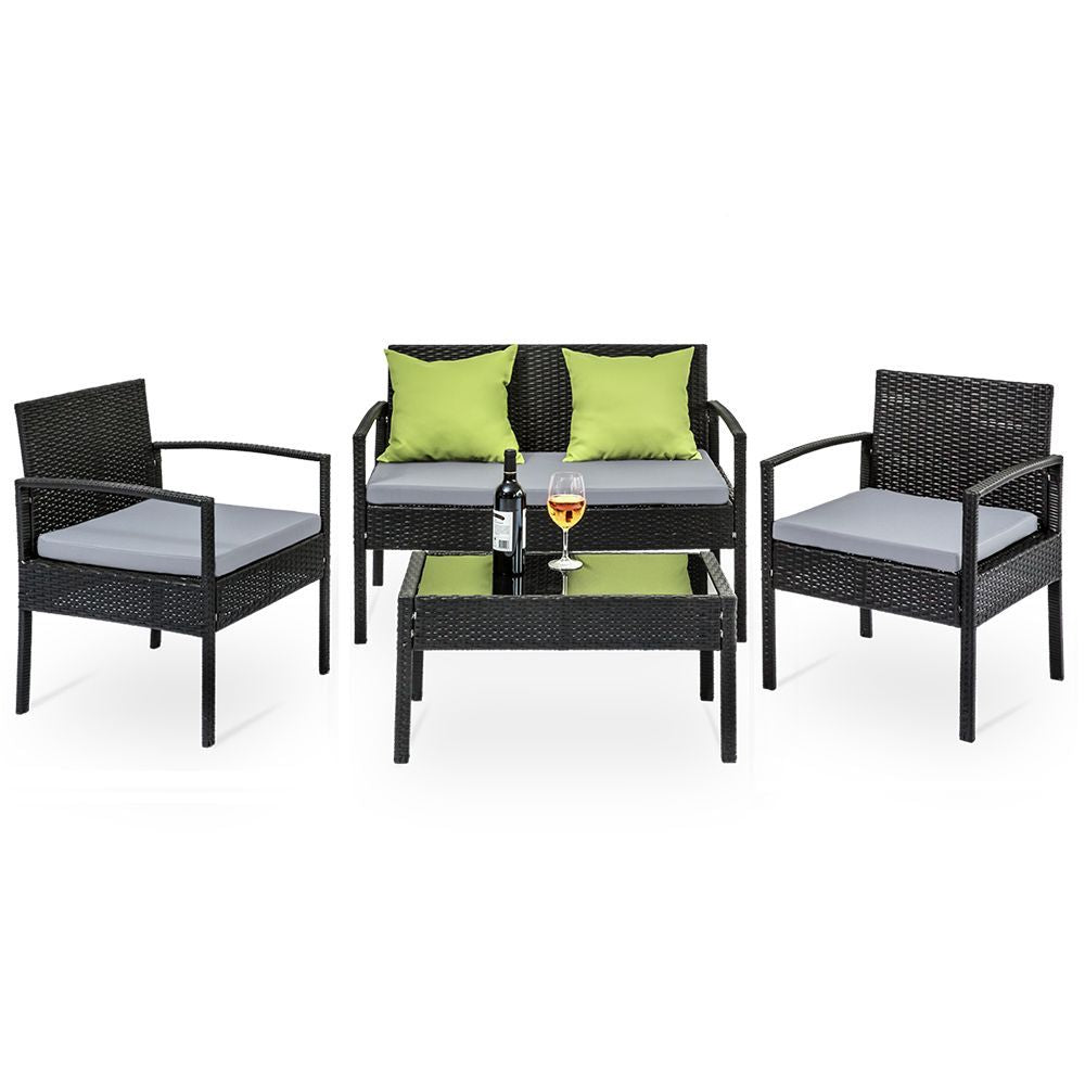 Gardeon 4 Seater Outdoor Sofa Set Wicker Lounge Black Lime Green Cushions