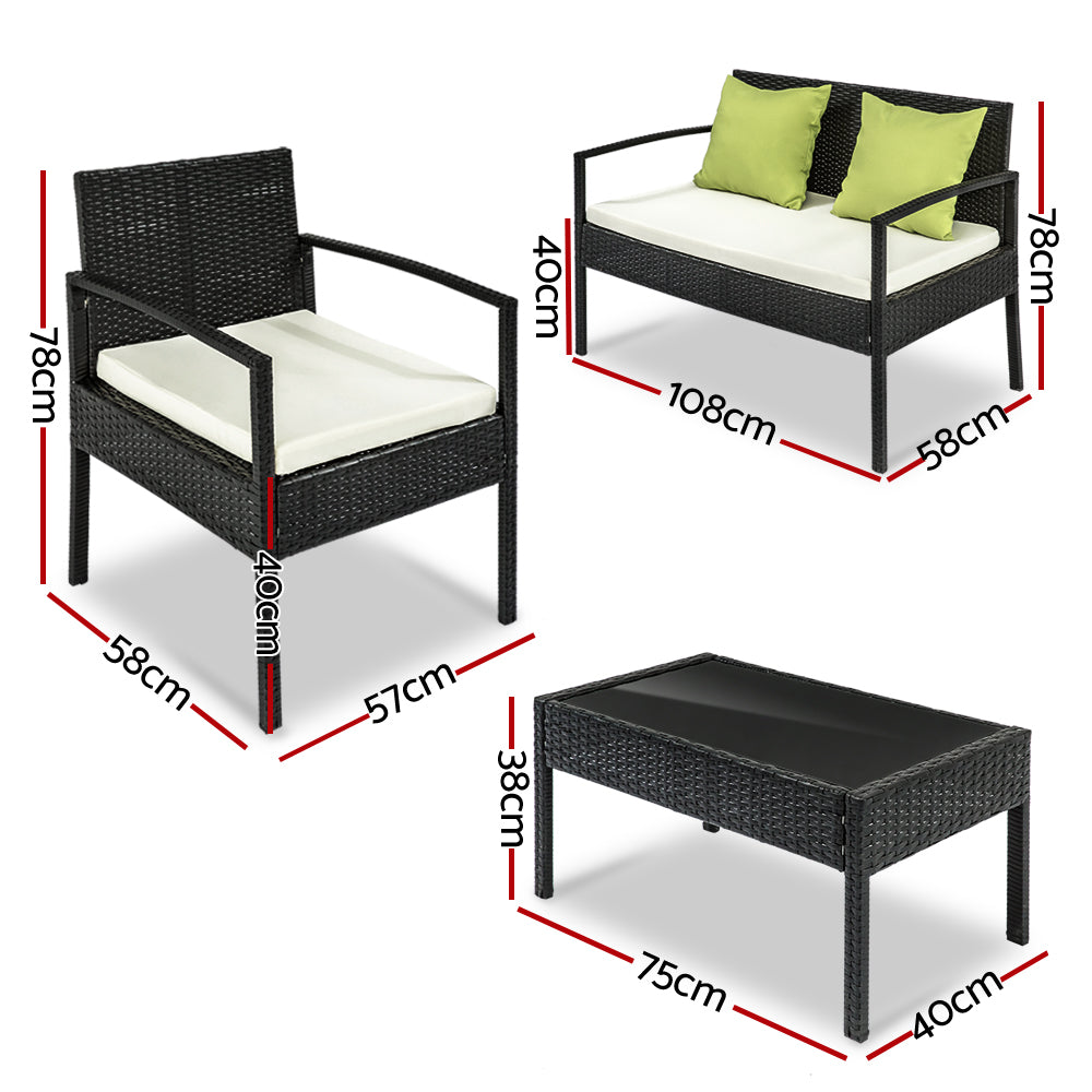 Gardeon 4 Seater Outdoor Sofa Set Wicker Lounge Black Lime Green Cushions