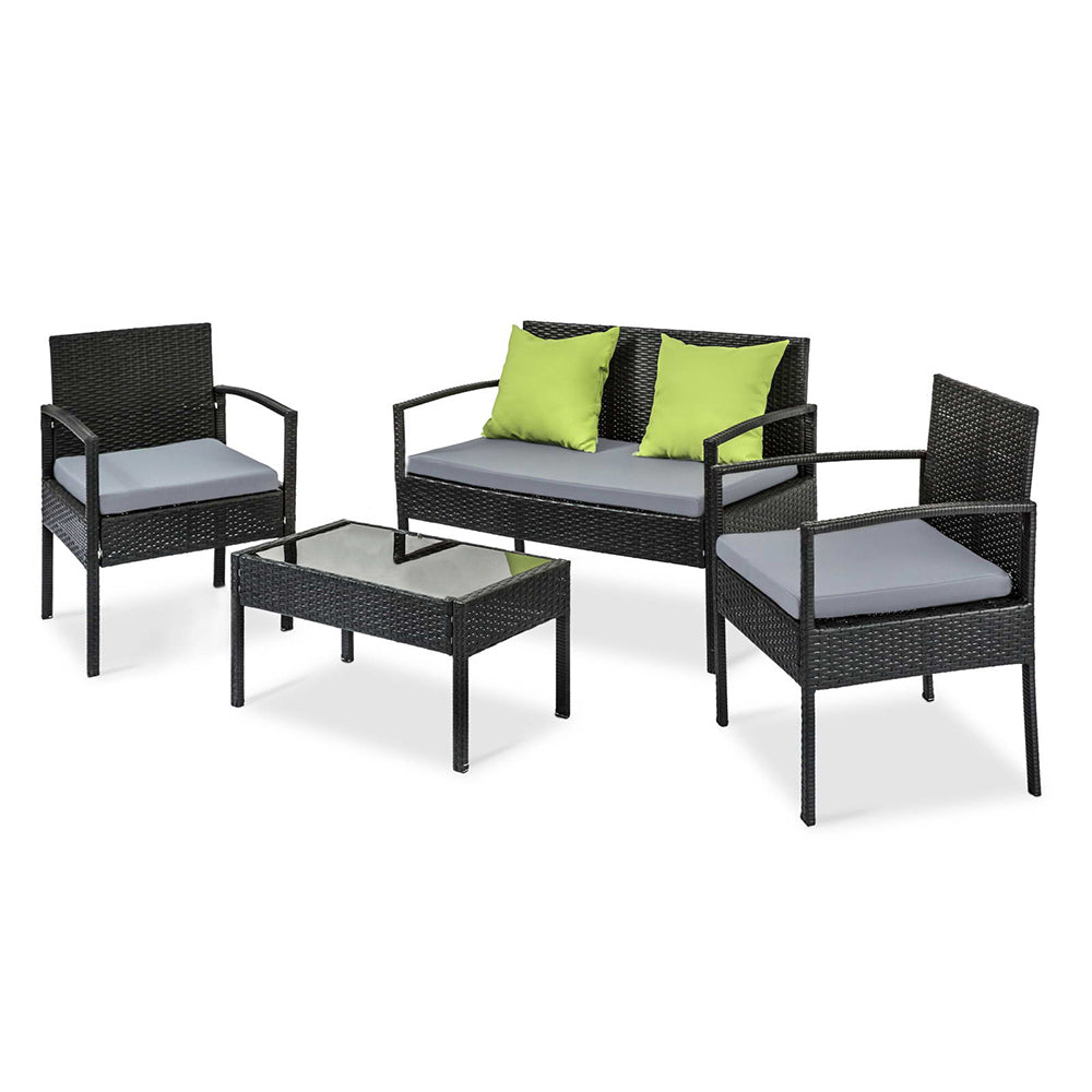 Gardeon 4 Seater Outdoor Sofa Set Wicker Lounge Black Lime Green Cushions