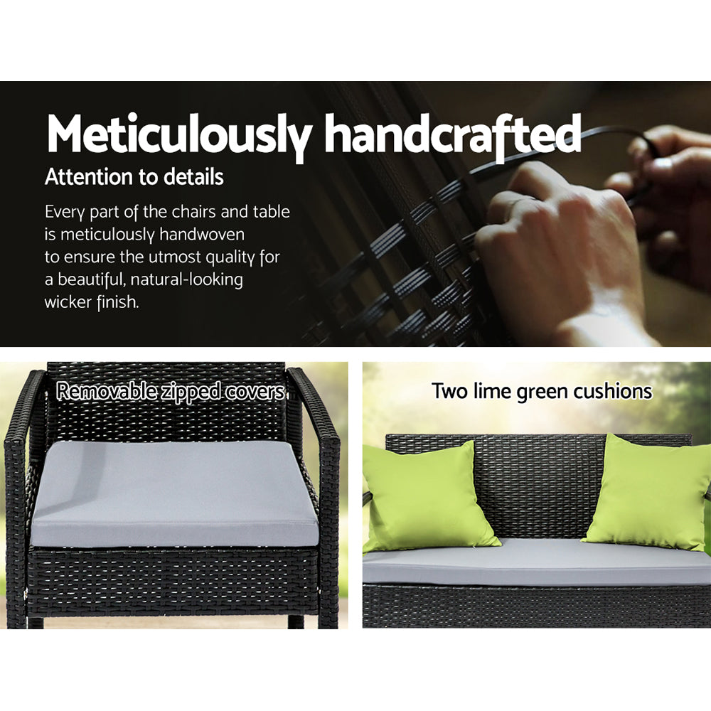 Gardeon 4 Seater Outdoor Sofa Set Wicker Lounge Black Lime Green Cushions
