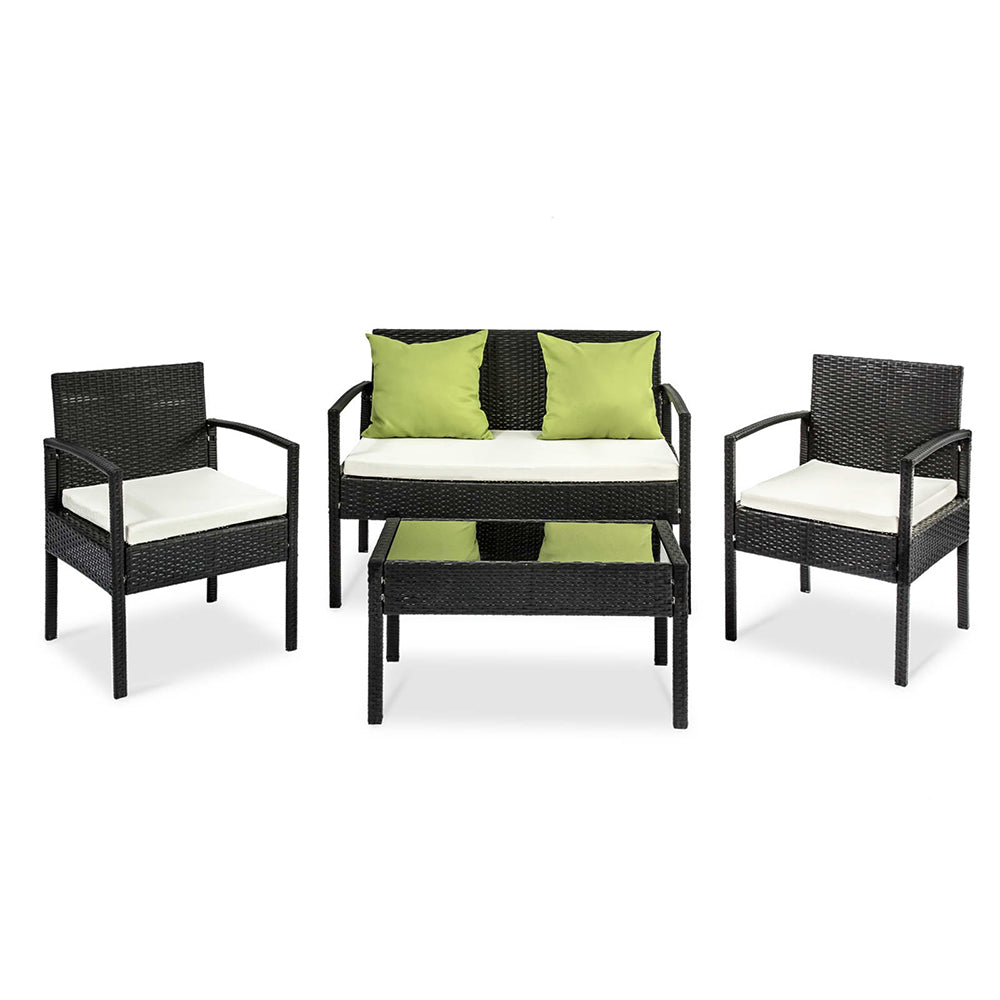 Gardeon 4 Seater Outdoor Sofa Set Wicker Lounge Black Lime Green Cushions