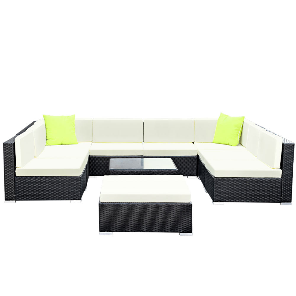 Gardeon 9-Seater Outdoor Lounge Set Wicker Sofa Black Beige