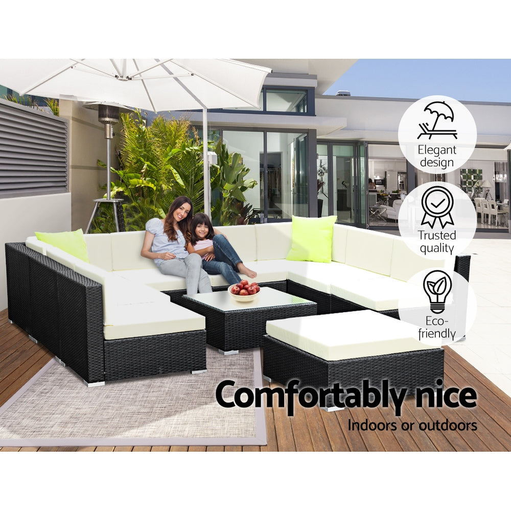 Gardeon 9-Seater Outdoor Lounge Set Wicker Sofa Black Beige