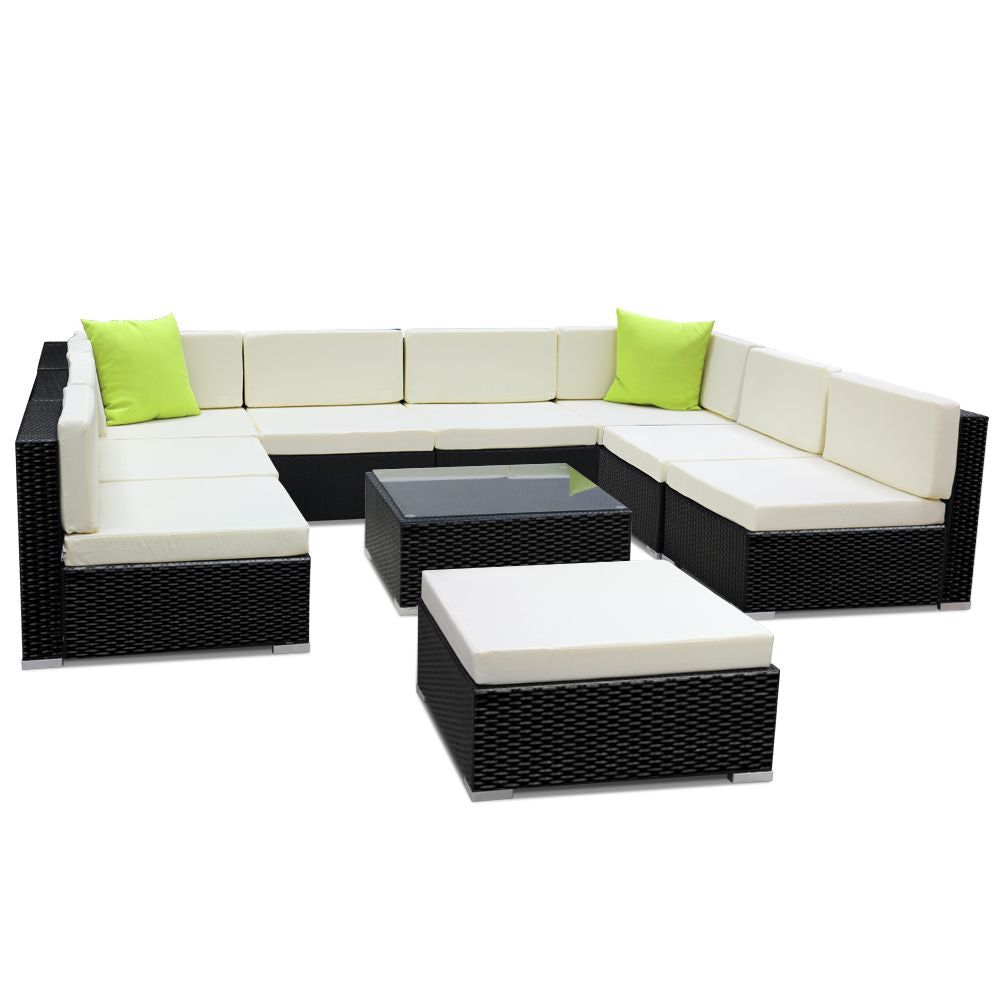 Gardeon 9-Seater Outdoor Lounge Set Wicker Sofa Black Beige