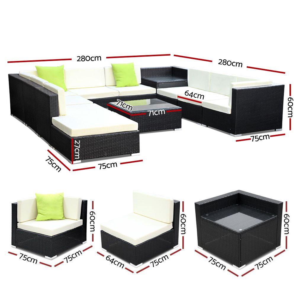 Gardeon 11PC Outdoor Wicker Sofa Set Black Beige Lime Green