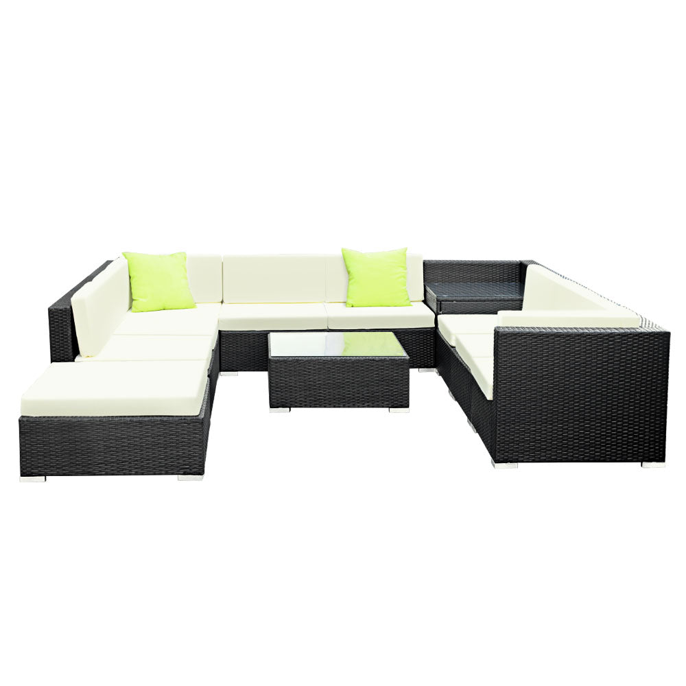 Gardeon 11PC Outdoor Wicker Sofa Set Black Beige Lime Green