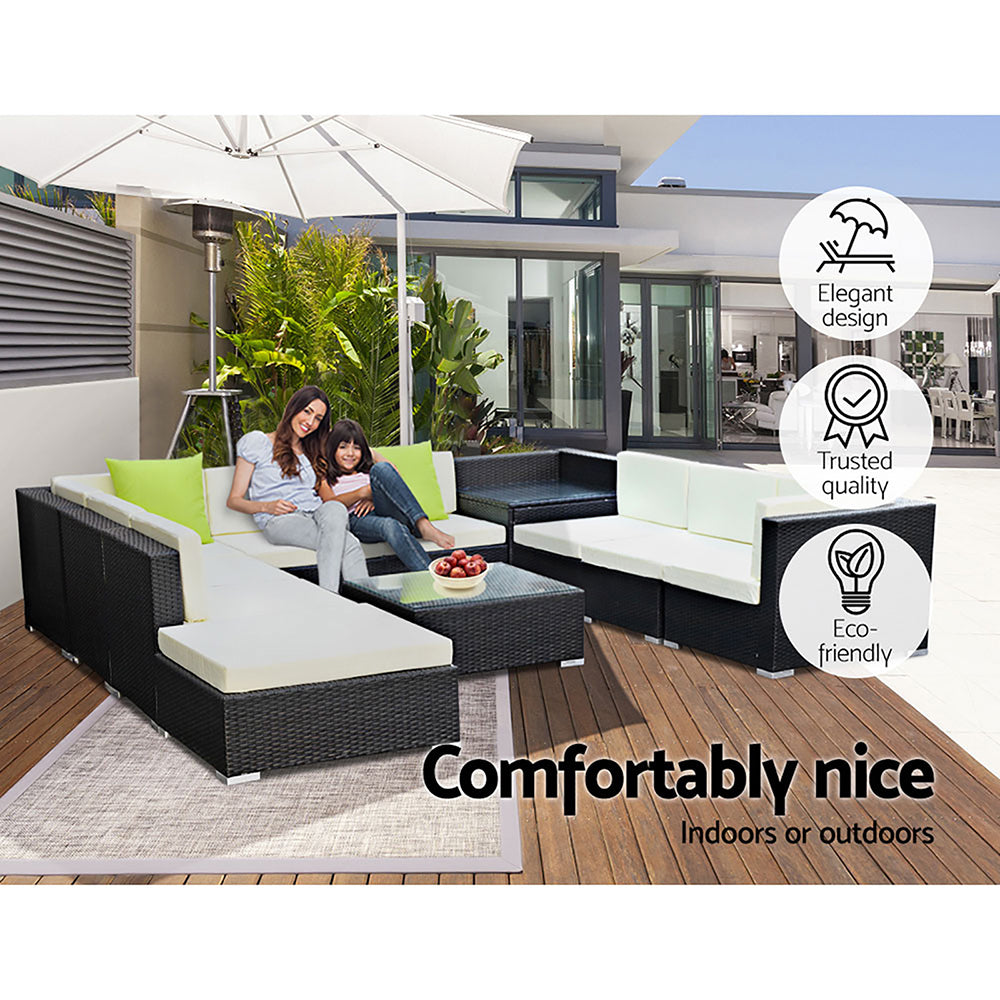 Gardeon 11PC Outdoor Wicker Sofa Set Black Beige Lime Green
