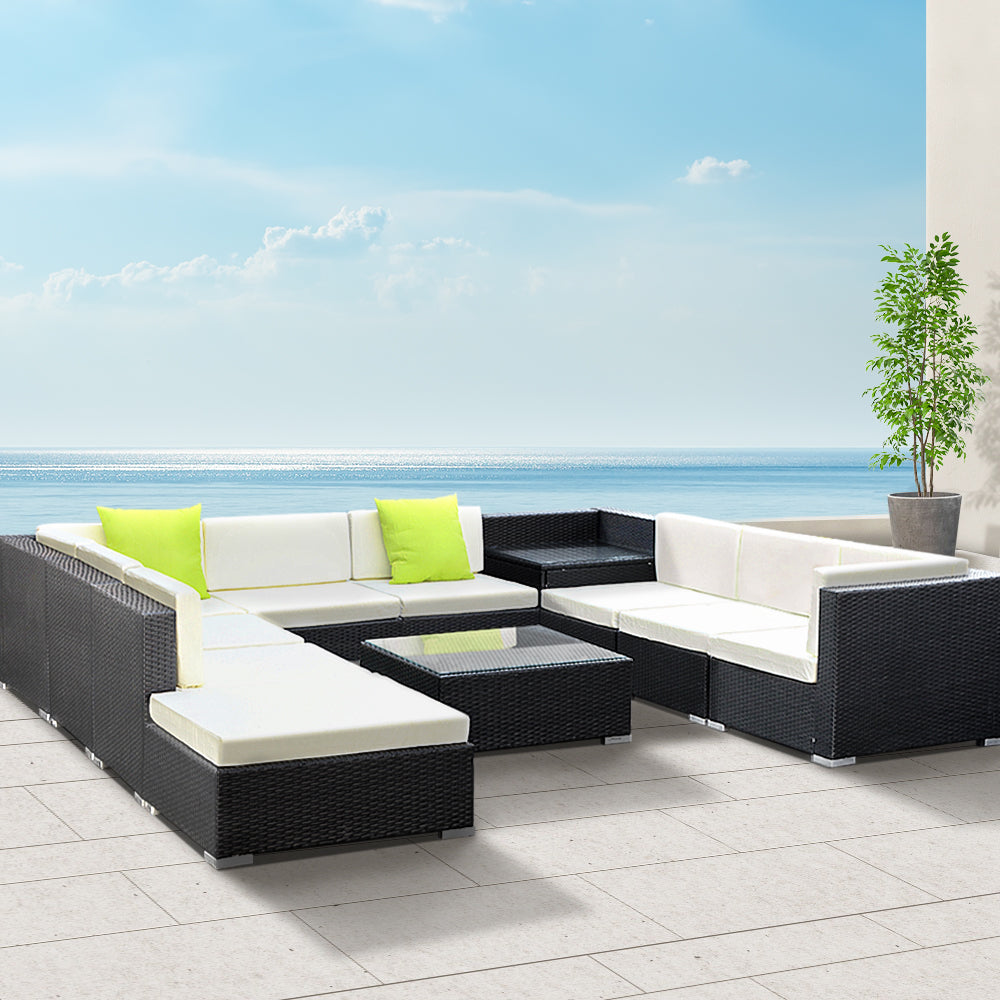 Gardeon 11PC Outdoor Wicker Sofa Set Black Beige Lime Green