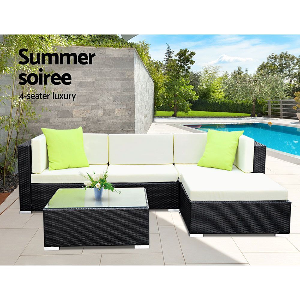 Gardeon 7-Piece Wicker Outdoor Sofa Set Black Beige Cushions