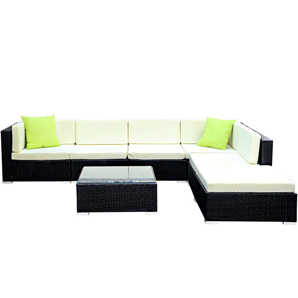 Gardeon 7-Piece Wicker Outdoor Sofa Set Black Beige Cushions