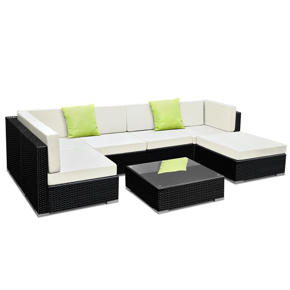 Gardeon 7-Piece Wicker Outdoor Sofa Set Black Beige Cushions