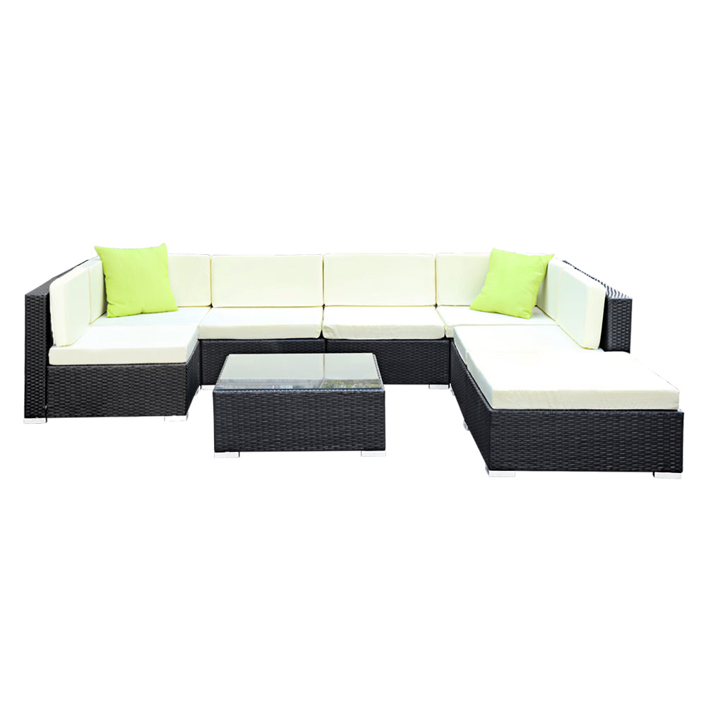 Gardeon 7-Seater Outdoor Sofa Set Wicker Lounge Black Beige