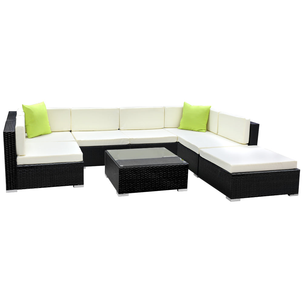 Gardeon 7-Seater Outdoor Sofa Set Wicker Lounge Black Beige