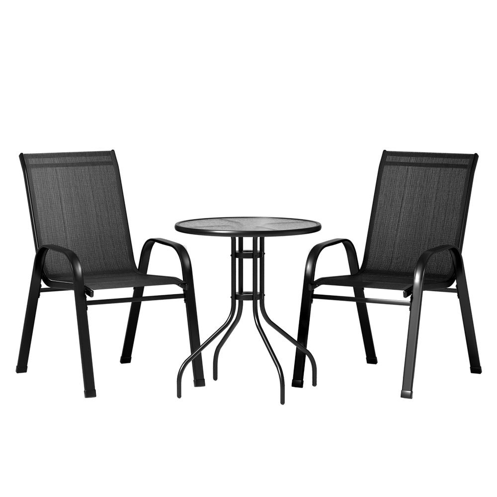 Gardeon 3PC Outdoor Bistro Set Stackable Patio Furniture Black