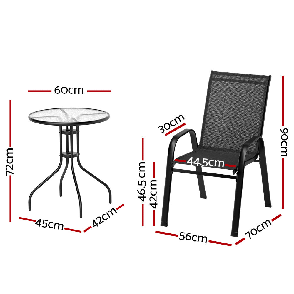 Gardeon 3PC Outdoor Bistro Set Stackable Patio Furniture Black