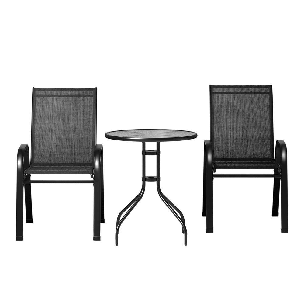Gardeon 3PC Outdoor Bistro Set Stackable Patio Furniture Black