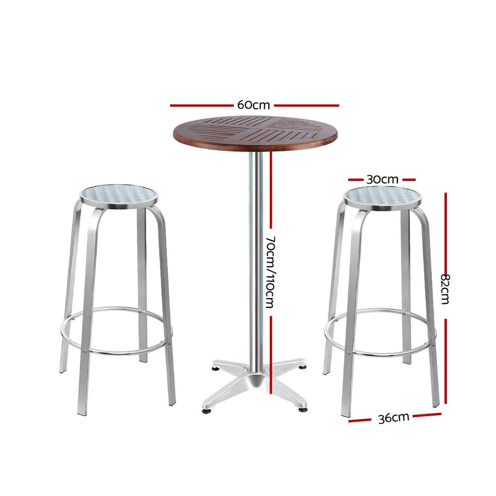 Gardeon 3-Piece Adjustable Outdoor Bar Set Silver Aluminium Bistro Table Stools