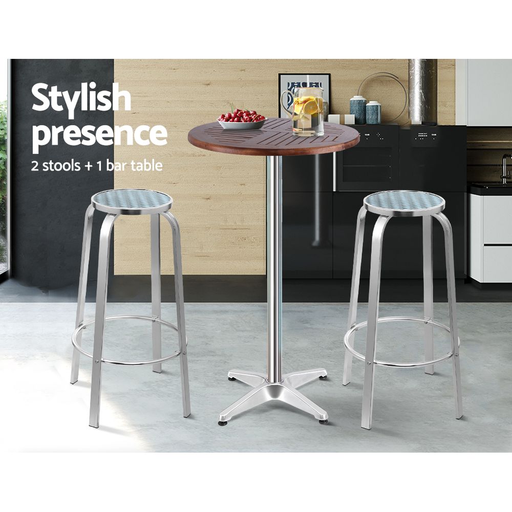 Gardeon 3-Piece Adjustable Outdoor Bar Set Silver Aluminium Bistro Table Stools