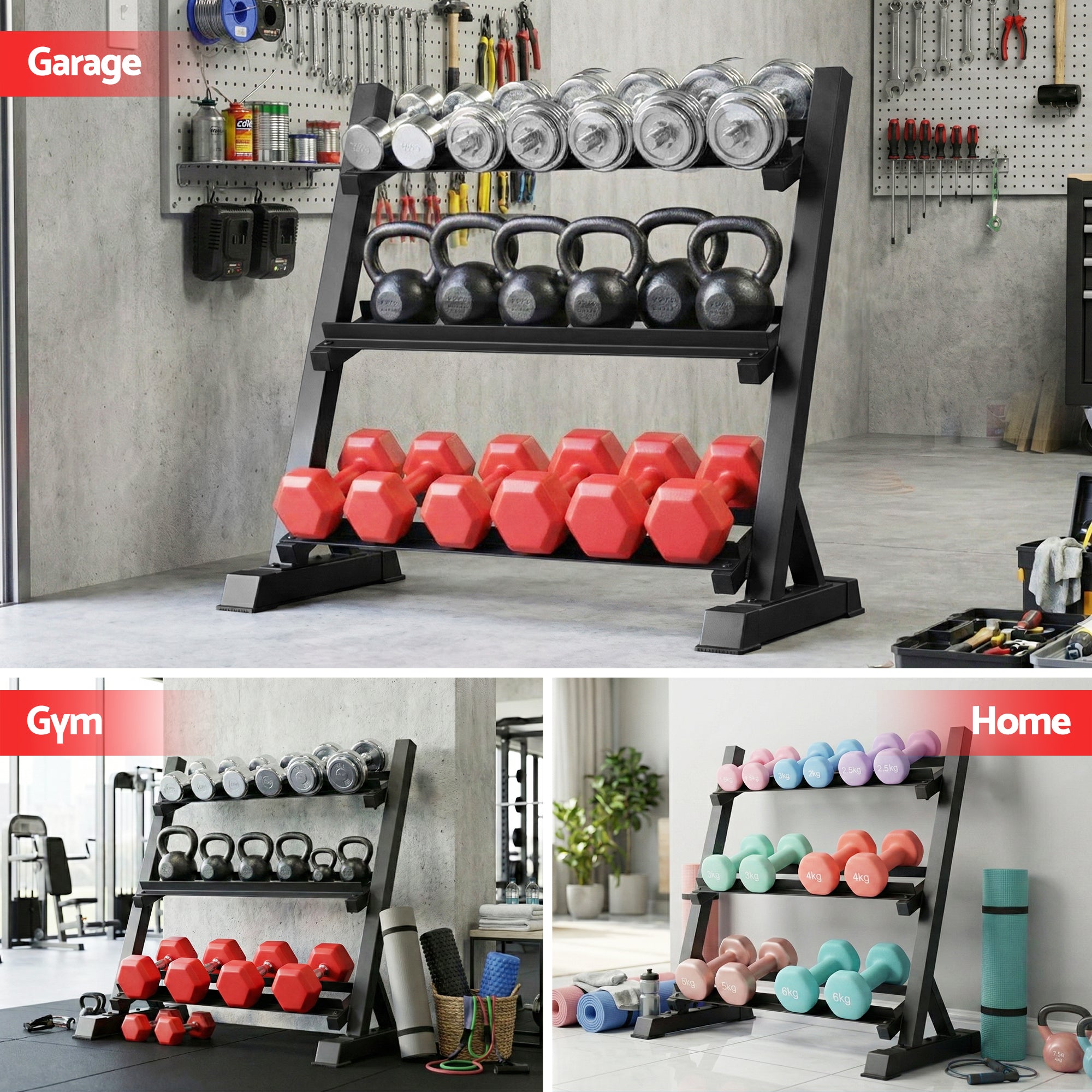 Everfit Dumbbell Rack 3-Tier Heavy Duty Weight Storage for Home Gym 300kg Capacity Black