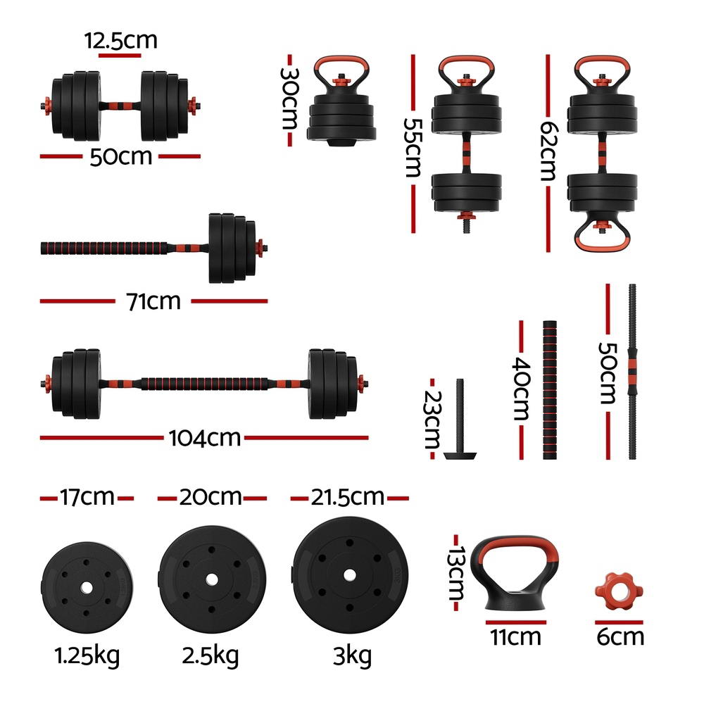 Everfit 40kg Adjustable Dumbbells Kettlebell Barbell Set Black/Red