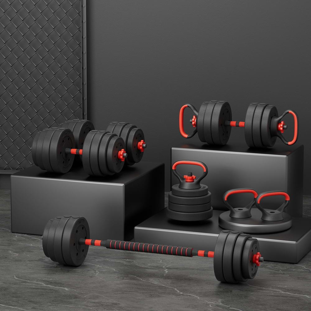 Everfit 40kg Adjustable Dumbbells Kettlebell Barbell Set Black/Red