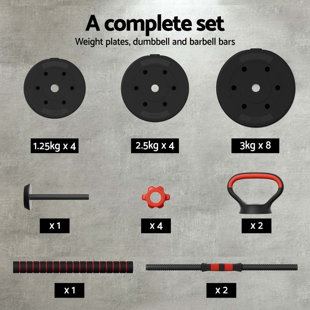 Everfit 40kg Adjustable Dumbbells Kettlebell Barbell Set Black/Red