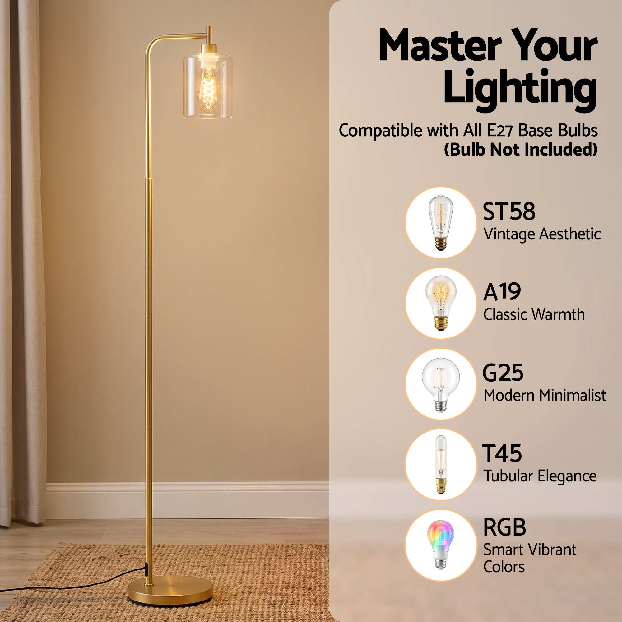 Artiss Floor Lamp Modern Industrial Standing Light with Clear Glass Shade, GoldMetal Tall Lamp for Living Room, Bedroom & Office, Anti-Tipping Weighted Base & Foot Switch Bulb Not Included