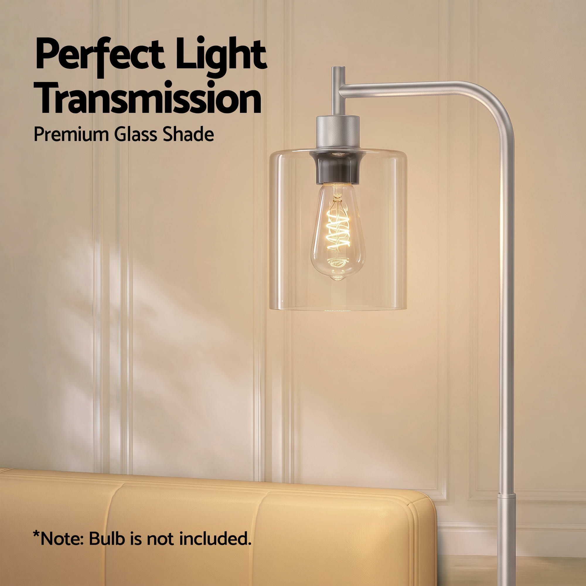 Artiss Floor Lamp Modern Industrial Standing Light with Clear Glass Shade, Silver Metal Tall Lamp for Living Room, Bedroom & Office, Anti-Tipping Weighted Base & Foot Switch Bulb Not Included